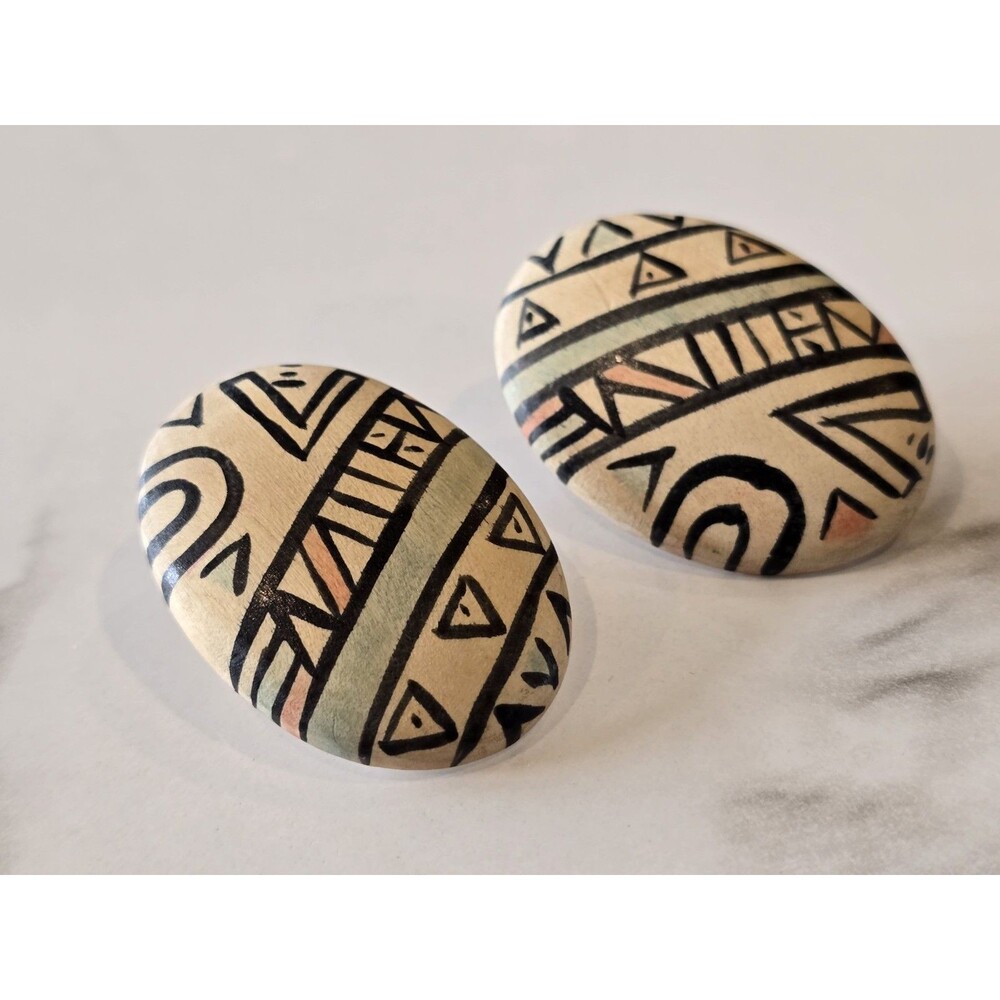 Hand Painted Wooden Oval Clip On Earrings Southwestern Tribal Boho #1259